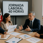 Reunión de profesionales mexicanos sobre jornada laboral de 40 horas con gráficos y documentos en mesa