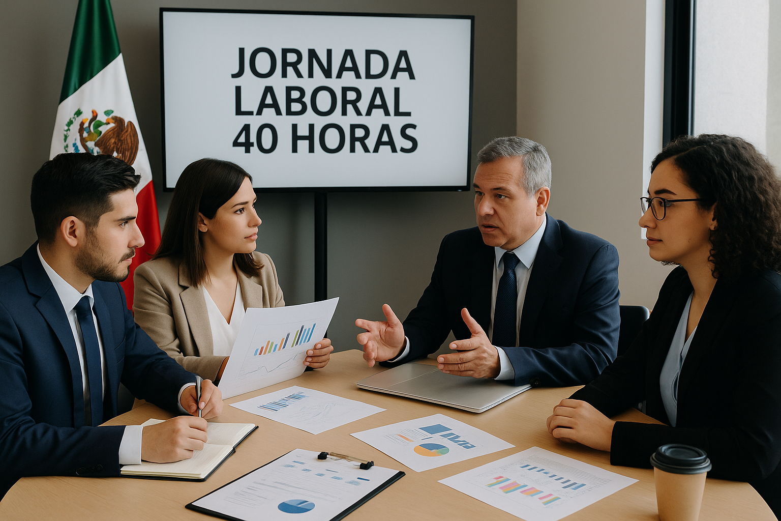 Reunión de profesionales mexicanos sobre jornada laboral de 40 horas con gráficos y documentos en mesa
