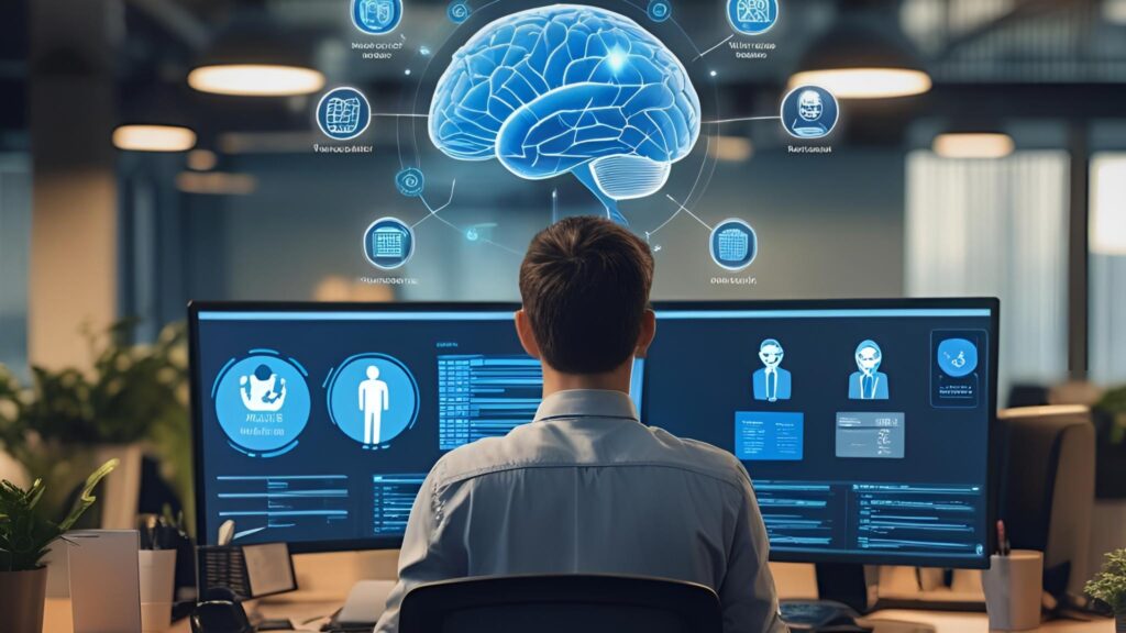 Equipo de recursos humanos utilizando inteligencia artificial para analizar datos laborales