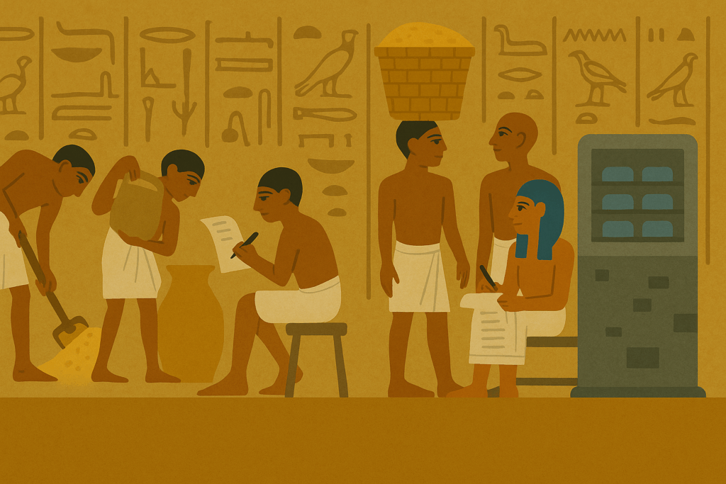 Ilustración de escribas egipcios monitoreando el trabajo de obreros