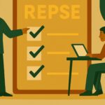 Ilustración sobre el REPSE con un ejecutivo marcando un checklist y un trabajador usando computadora, simbolizando cumplimiento en subcontratación especializada.