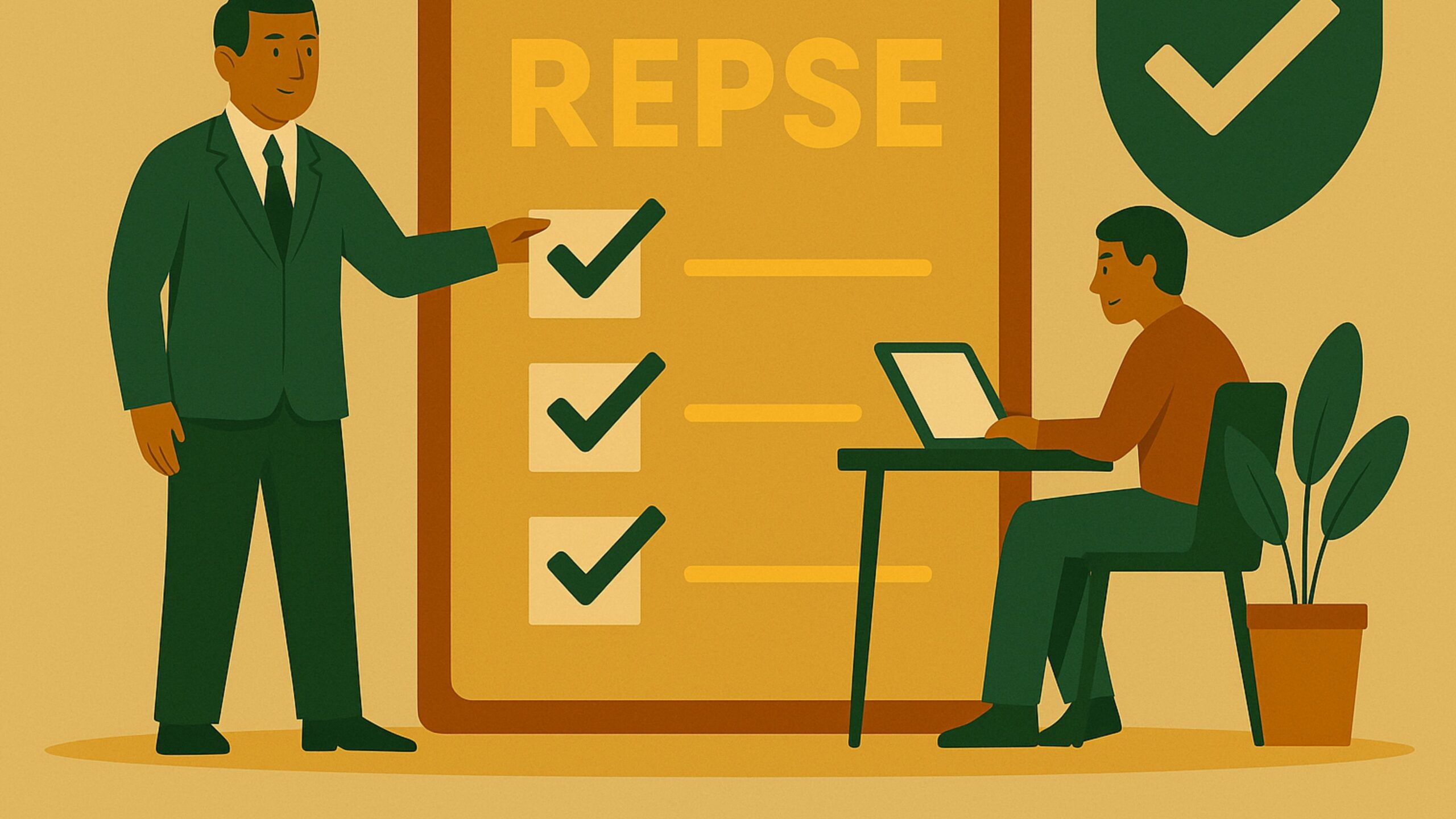 Ilustración sobre el REPSE con un ejecutivo marcando un checklist y un trabajador usando computadora, simbolizando cumplimiento en subcontratación especializada.