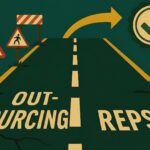 Carretera dividida entre outsourcing y REPSE en México, con señales de advertencia hacia outsourcing y un camino seguro hacia REPSE.