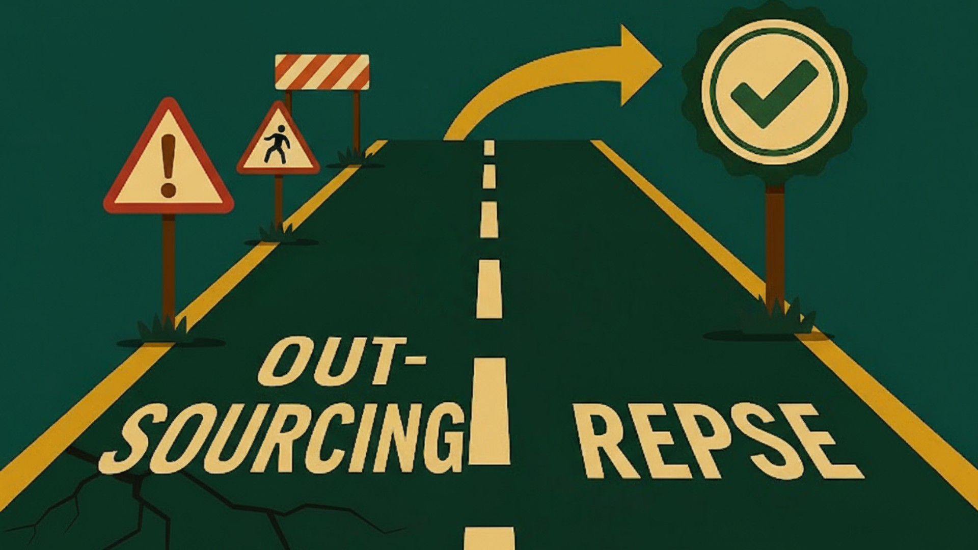 Carretera dividida entre outsourcing y REPSE en México, con señales de advertencia hacia outsourcing y un camino seguro hacia REPSE.