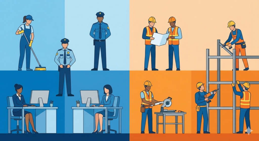 Ilustración comparativa dividida: a la izquierda trabajadores de limpieza y seguridad representando servicios, y a la derecha personal de construcción representando obras especializadas.