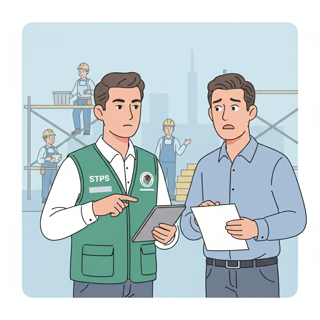 Inspector de la STPS con chaleco verde revisando una tablet junto a un empresario preocupado en una zona de construcción.