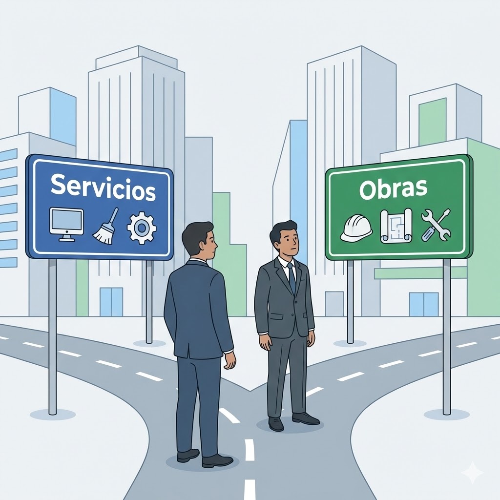 Ilustración corporativa de dos empresarios eligiendo entre dos caminos: uno de 'Servicios' y otro de 'Obras', representando la clasificación de actividades ante el SAT.