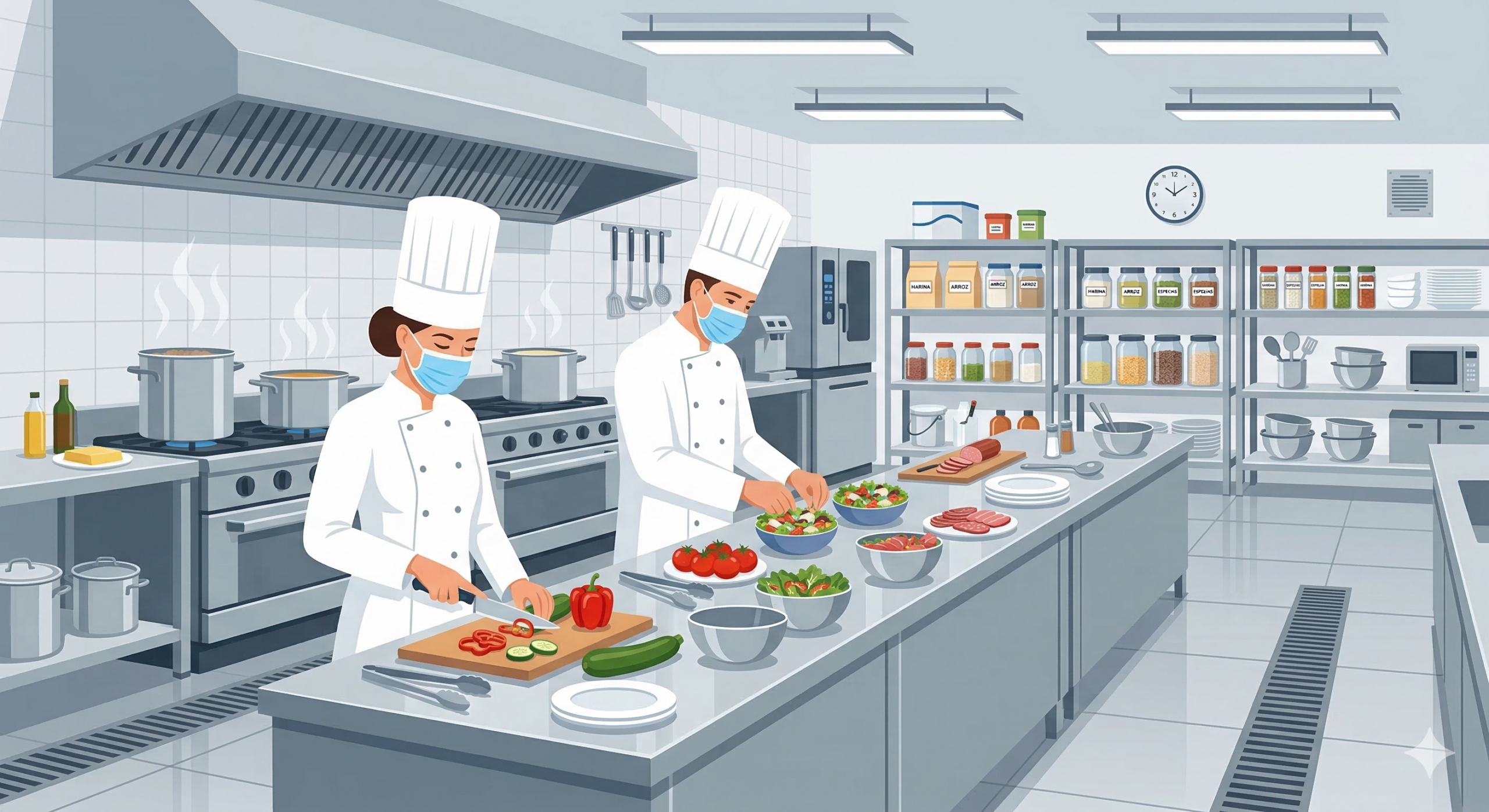 Cocina industrial moderna con cocineros uniformados preparando alimentos en línea de servicio
