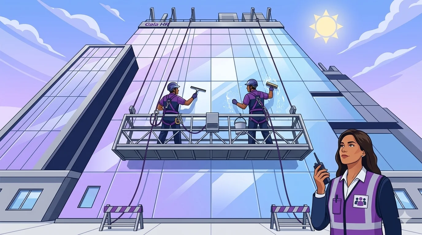Trabajadores de limpieza industrial limpiando fachadas de edificio corporativo con arneses de seguridad y líneas de vida