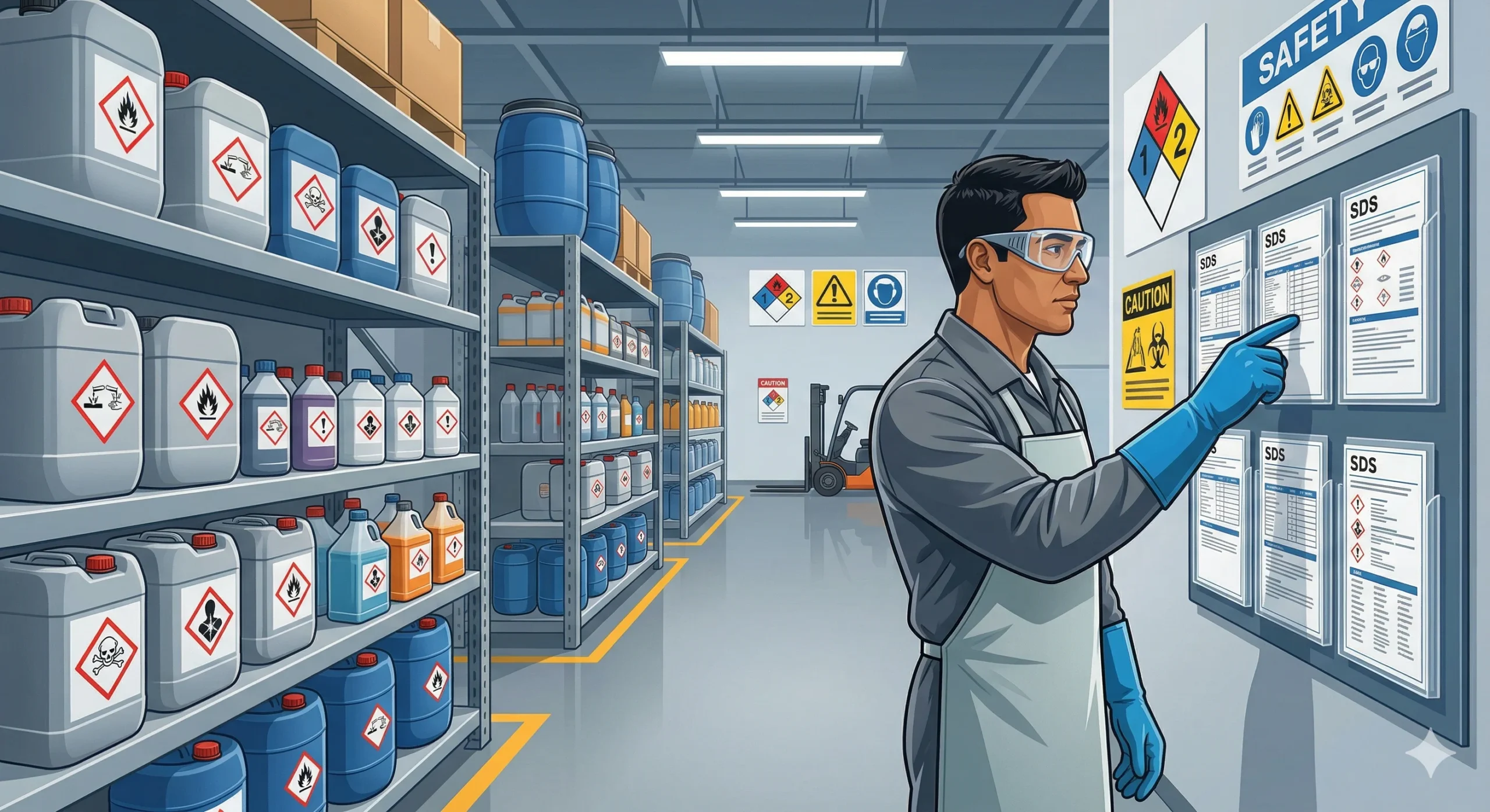 Trabajador con EPP consultando Hoja de Datos de Seguridad en almacén de productos químicos de limpieza industrial
