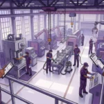 Equipo de limpieza industrial trabajando en planta manufacturera con EPP completo y supervisora revisando checklist