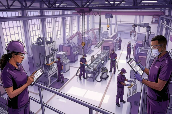 Equipo de limpieza industrial trabajando en planta manufacturera con EPP completo y supervisora revisando checklist