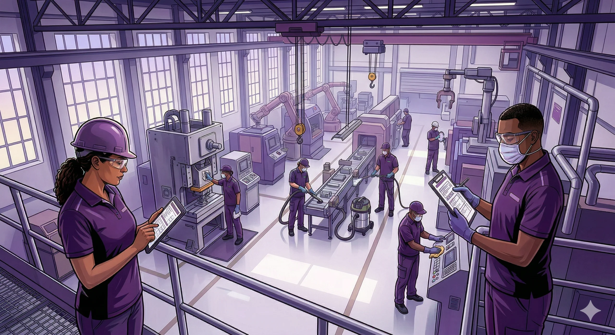 Equipo de limpieza industrial trabajando en planta manufacturera con EPP completo y supervisora revisando checklist