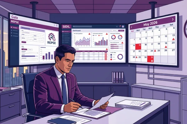 Oficina de compliance con pantallas mostrando portal REPSE, dashboard SIDIL y calendario mayo 2026