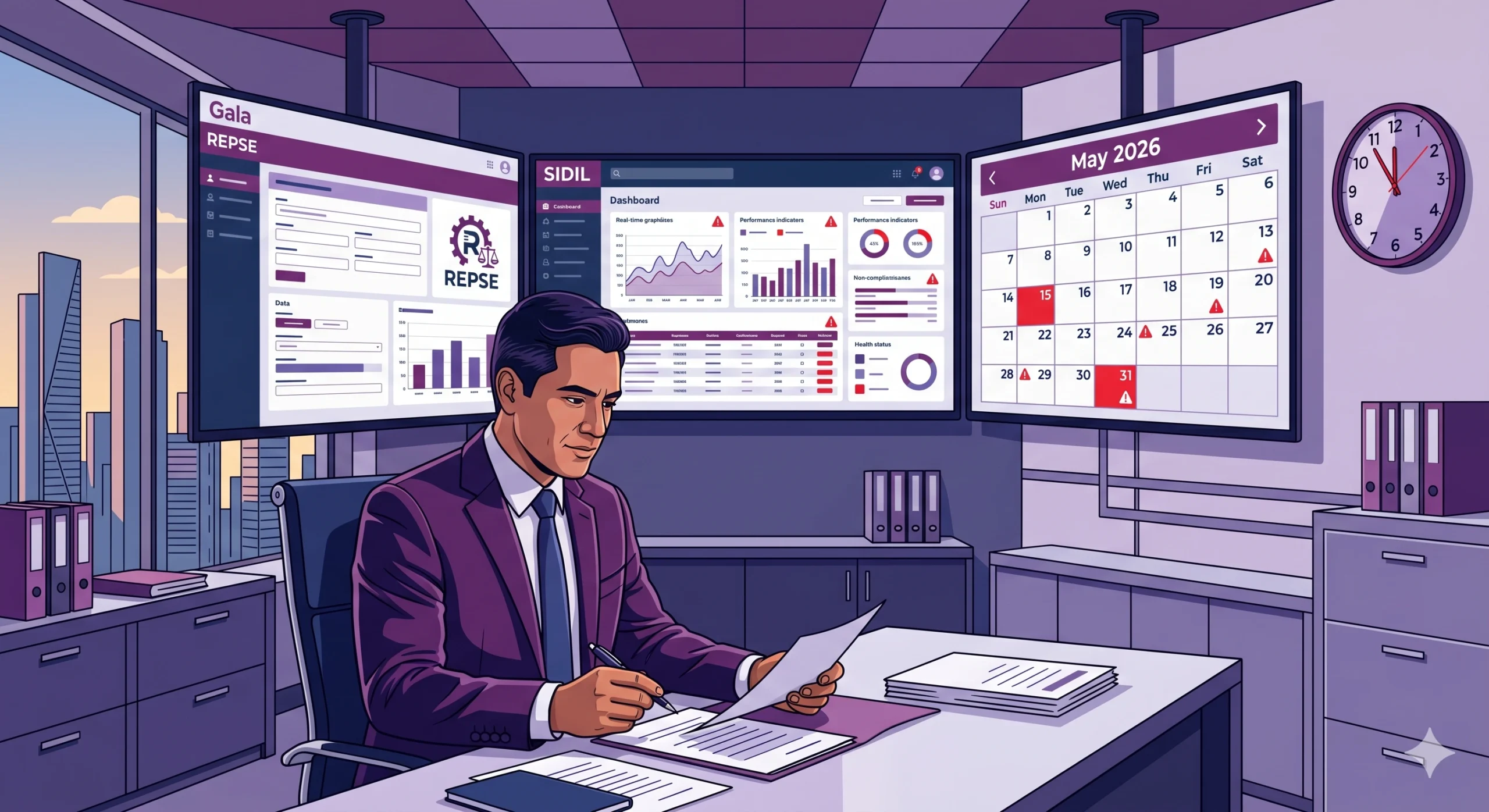 Oficina de compliance con pantallas mostrando portal REPSE, dashboard SIDIL y calendario mayo 2026