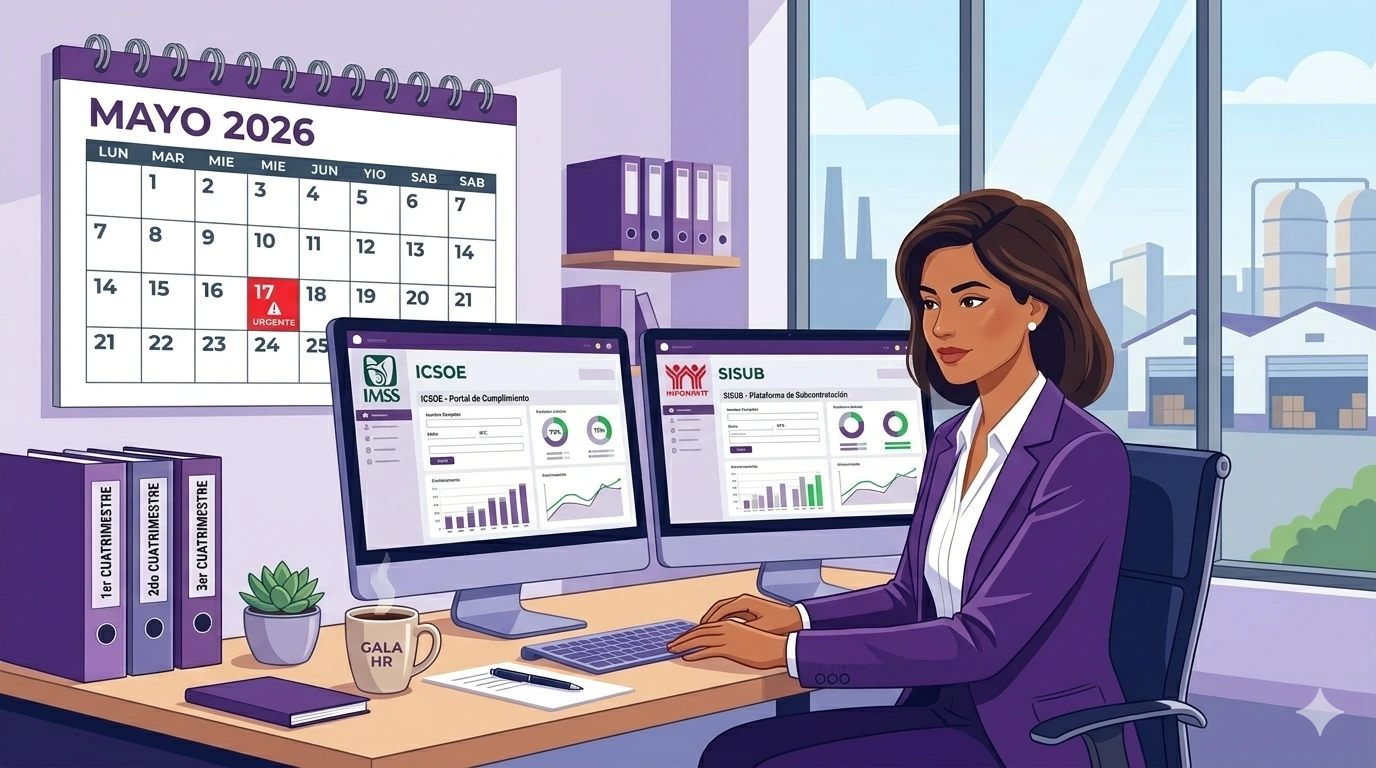 Contadora revisando plataformas ICSOE del IMSS y SISUB de INFONAVIT con calendario señalando mayo 2026