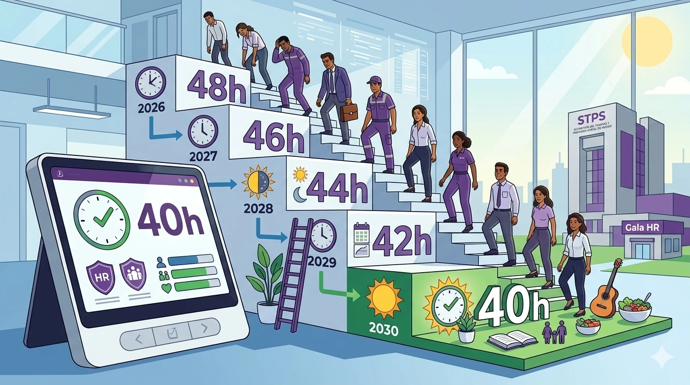 Escalera descendente mostrando reducción gradual de jornada laboral de 48 a 40 horas entre 2026 y 2030