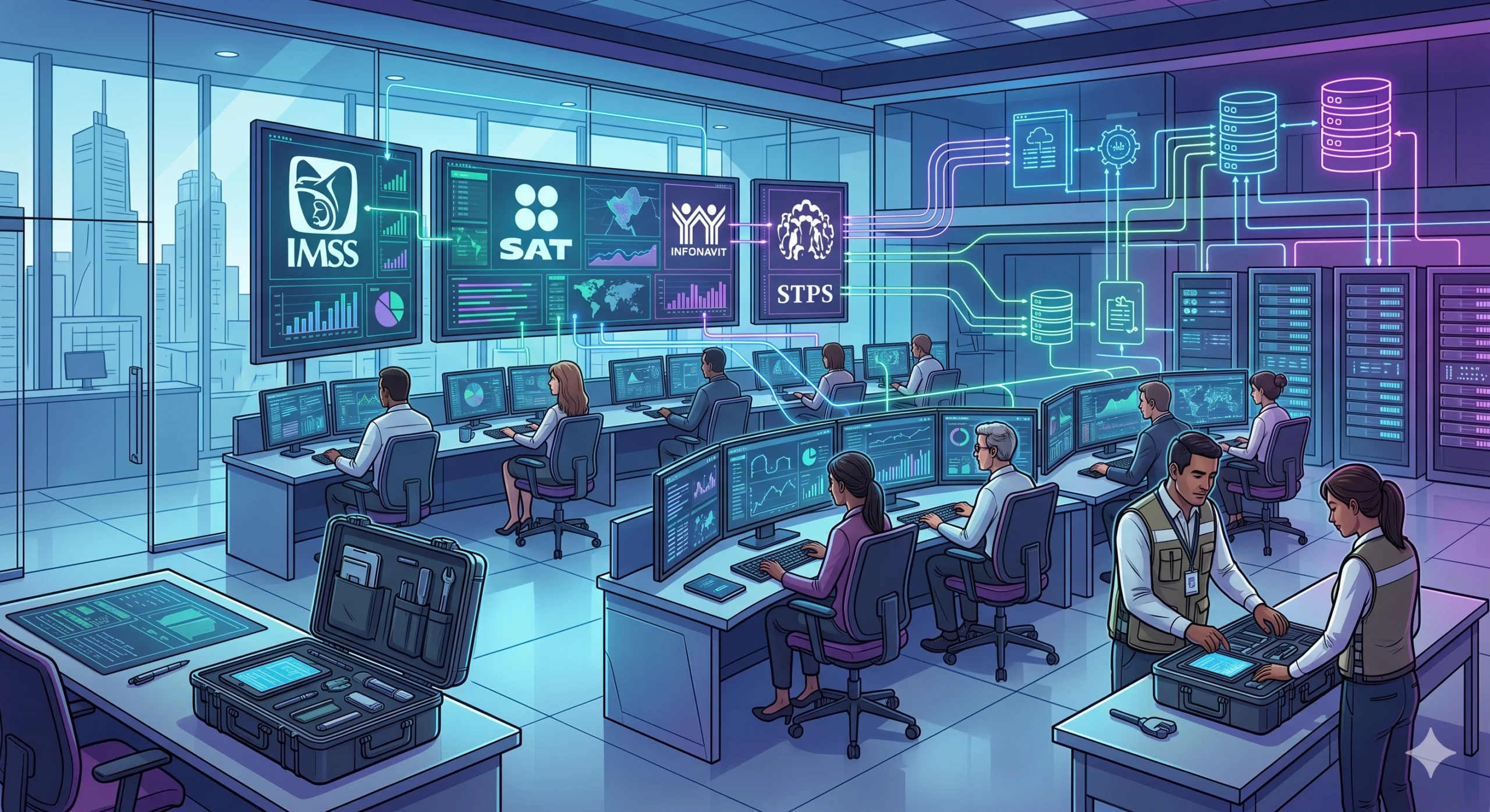 Sala de control con dashboards de datos cruzados IMSS SAT INFONAVIT STPS del sistema SIDIL