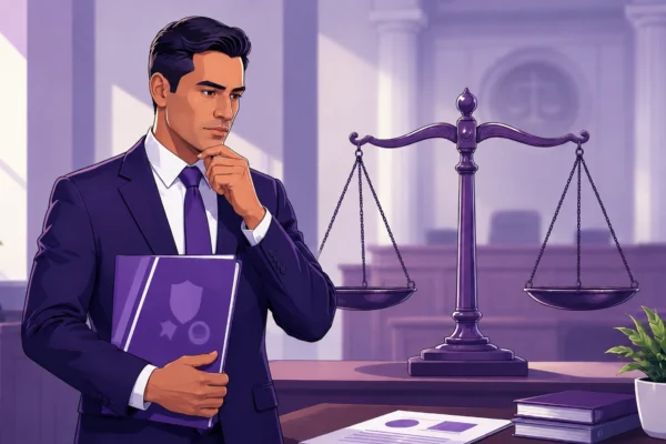 Empresario ante balanza de justicia con carpeta REPSE evaluando vías legales ante cancelación