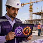 Ingeniero de obra revisando tablet con engranajes IMSS y STPS encajando, obra de construcción al fondo