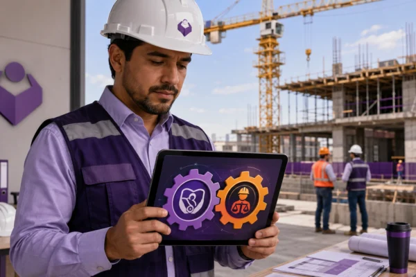 Ingeniero de obra revisando tablet con engranajes IMSS y STPS encajando, obra de construcción al fondo