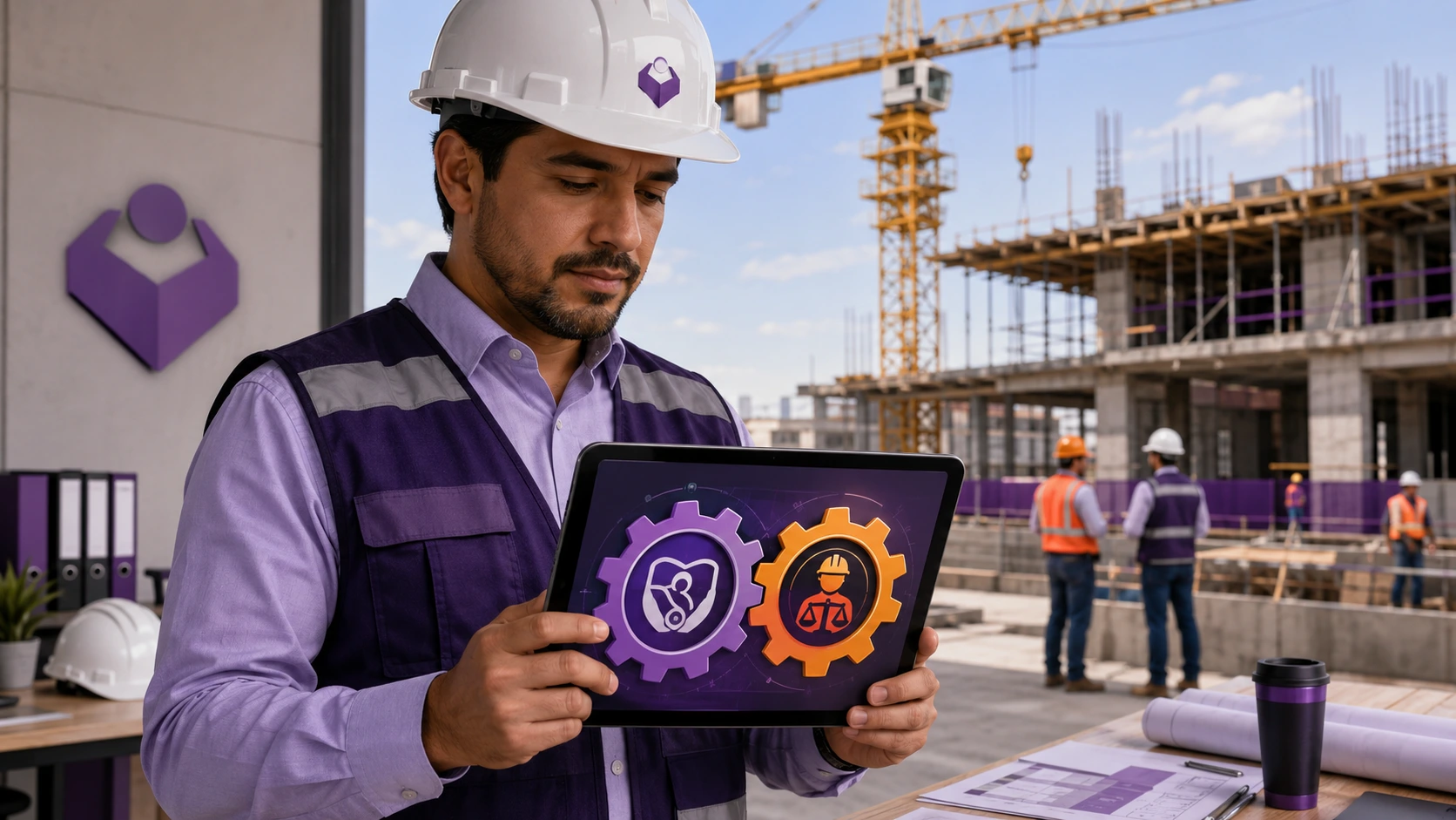 Ingeniero de obra revisando tablet con engranajes IMSS y STPS encajando, obra de construcción al fondo