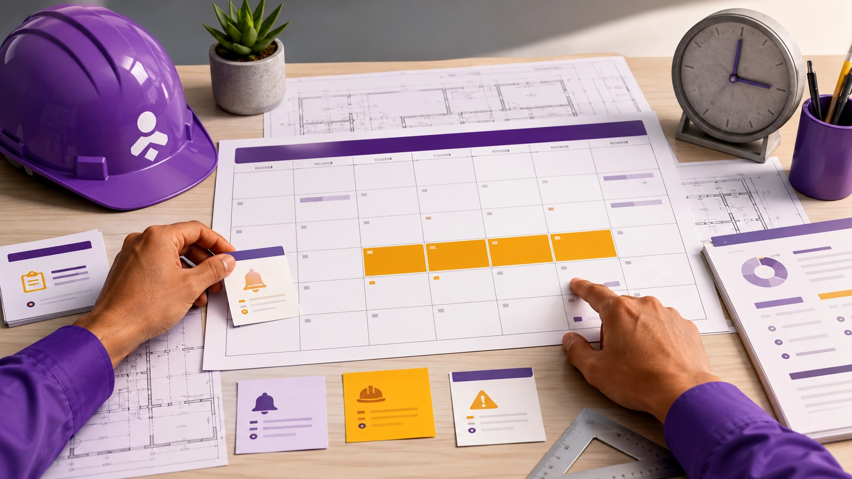 Calendario de obra con marcas de plazos de 5 días junto a casco planos y reloj