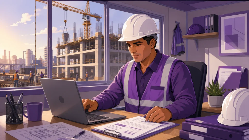 Ingeniero civil completando registro de obra en SIROC desde laptop en caseta de alta de obra