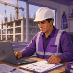 Ingeniero civil completando registro de obra en SIROC desde laptop en caseta de alta de obra