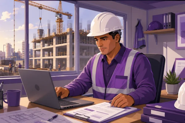 Ingeniero civil completando registro de obra en SIROC desde laptop en caseta de alta de obra