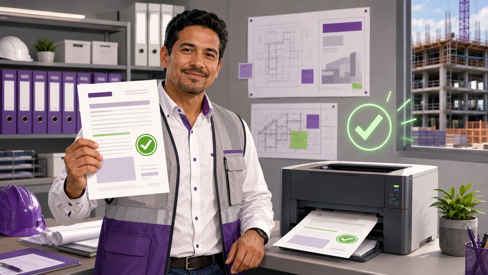 Contratista sosteniendo acuse de registro SIROC con folio único en oficina de obra