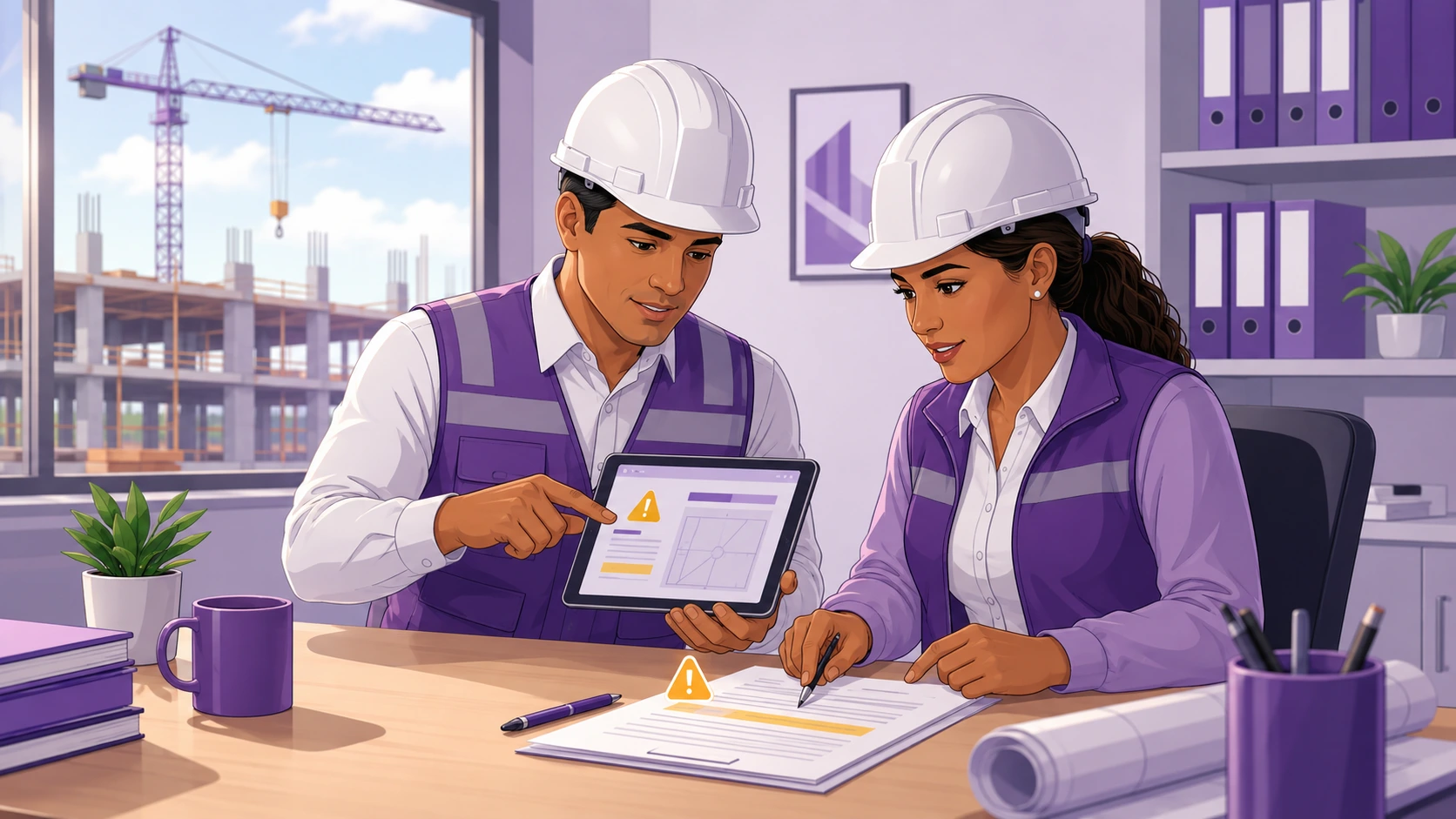 Colegas con cascos revisando tablet y contrato para verificar datos antes de enviar registro SIROC