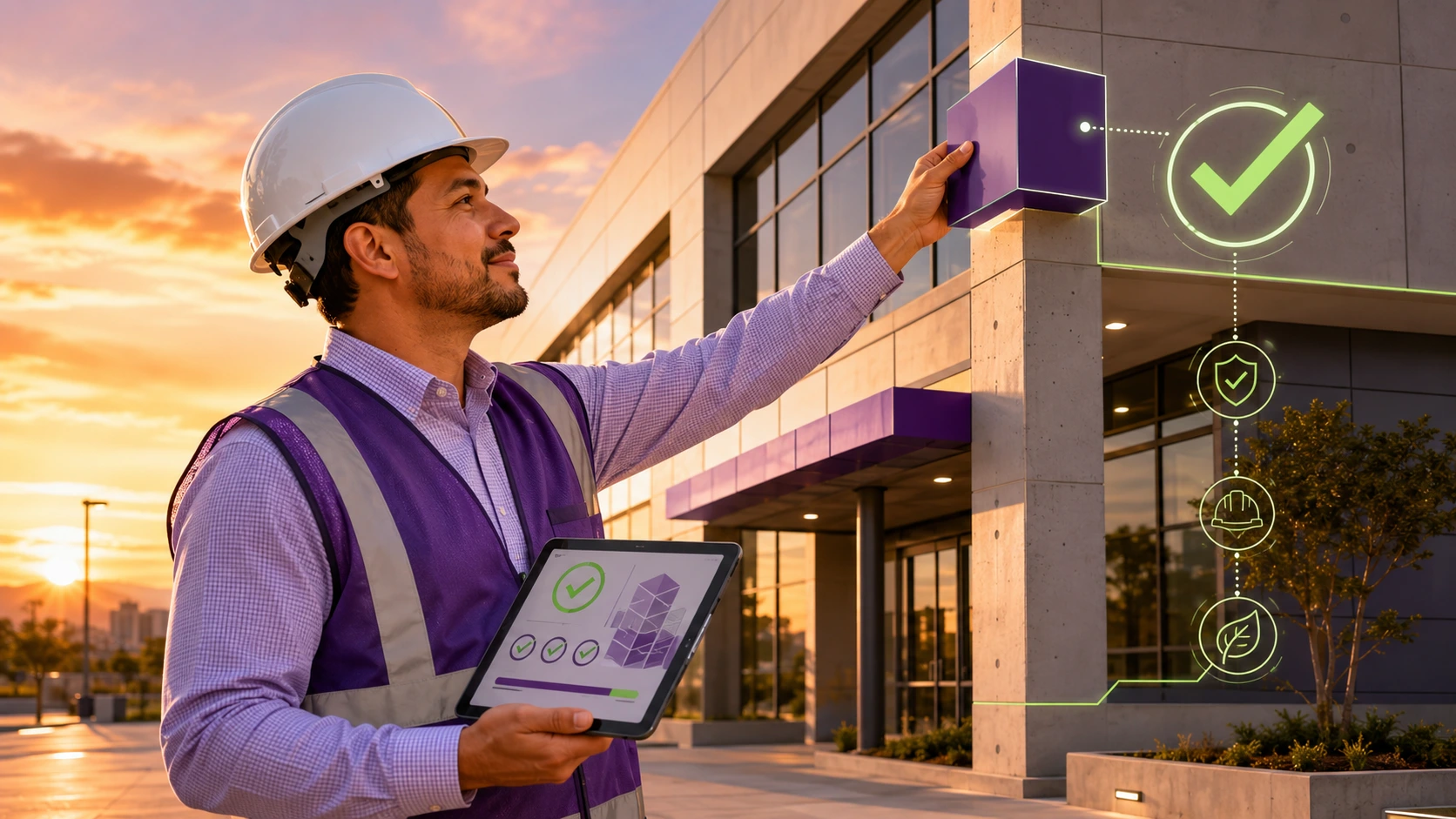 Ingeniero revisando checklist en tablet frente a obra terminada representando aviso de terminación SIROC