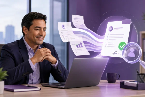 Empresario frente a laptop con formularios fusionándose en uno solo representando simplificación REPSE 2026