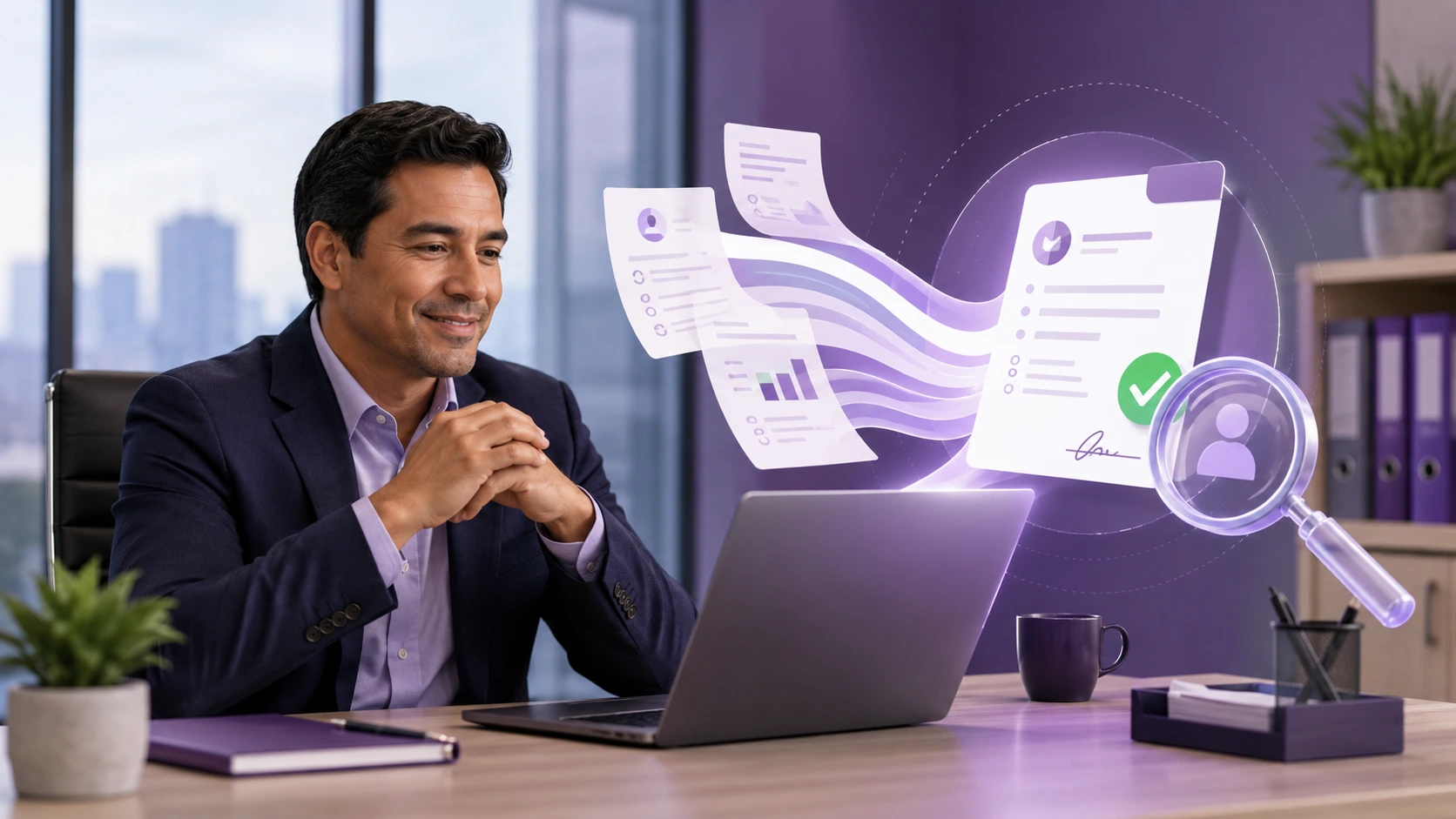Empresario frente a laptop con formularios fusionándose en uno solo representando simplificación REPSE 2026