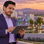 Profesional de RH revisando tablet en zona industrial del Bajío mexicano al atardecer Maquila