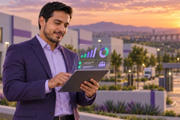 Profesional de RH revisando tablet en zona industrial del Bajío mexicano al atardecer Maquila