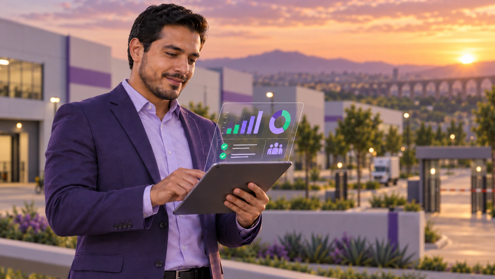 Profesional de RH revisando tablet en zona industrial del Bajío mexicano al atardecer Maquila